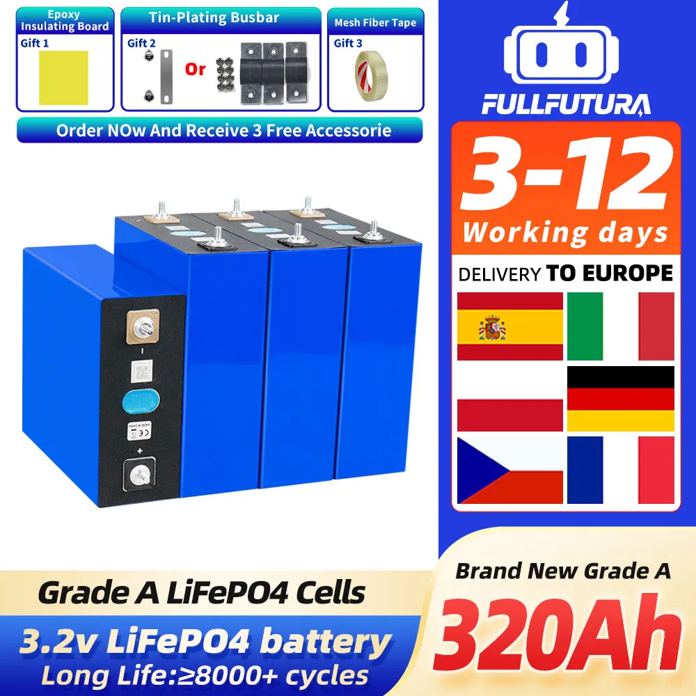 Brandneue LiFePO4 320Ah Batterie 3,2V EU-Lagerbestand DIY 12V 24V 28V Lithium-Eisenphosphat-Zelle für Boote, Wohnmobile, Anhänger, 8000+ Zyklen