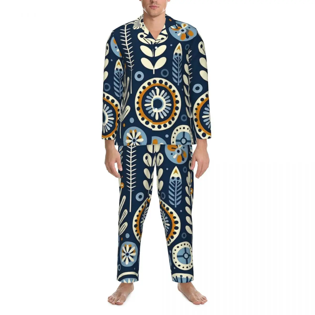 Conjuntos de pijama floral de arte folclórica outono azul impressão kawaii casa pijamas masculino 2 peças casual oversize gráfico casa terno ideia de presente