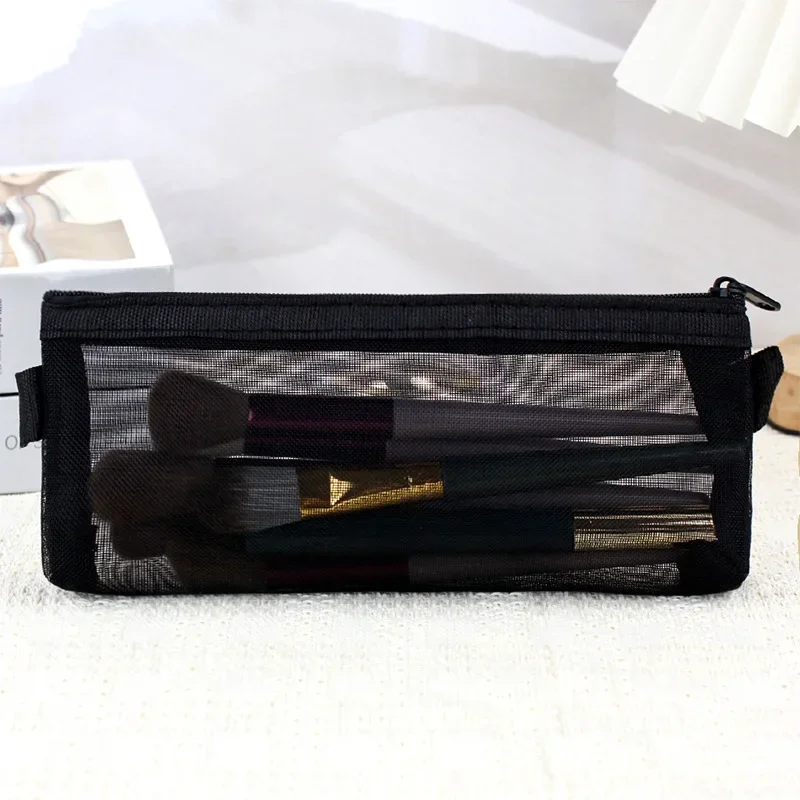Mesh Cosmetic Makeup Bags Case Holder Cute Transparent Zipper Black Heart Printed Pencil Pen Case Pouch Convenient To Carry