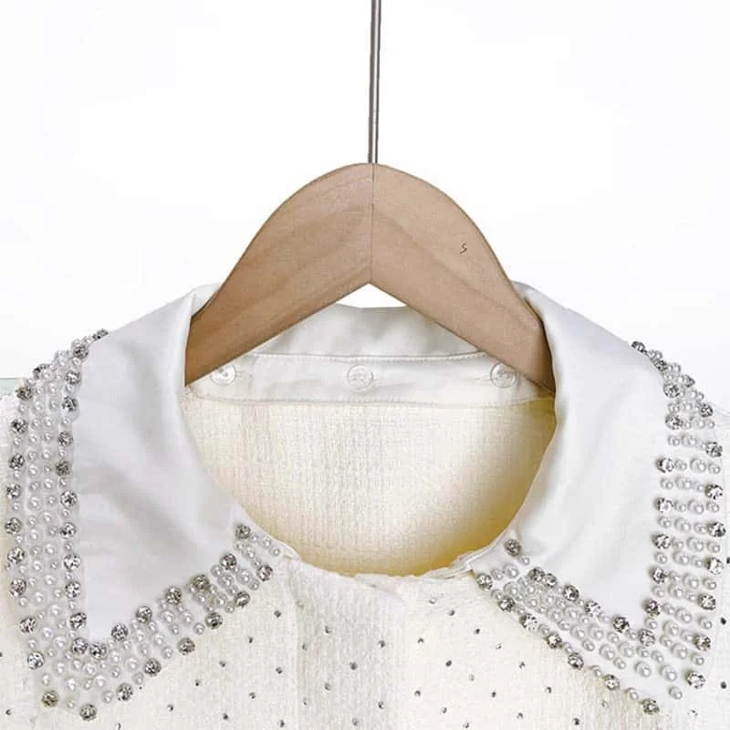 

High Quality Fashion Rhinestone Suit Pearl Trim Slimming Turn Down Collar Short Sleeve Cardigan Vest or Casual Pants Spring Set