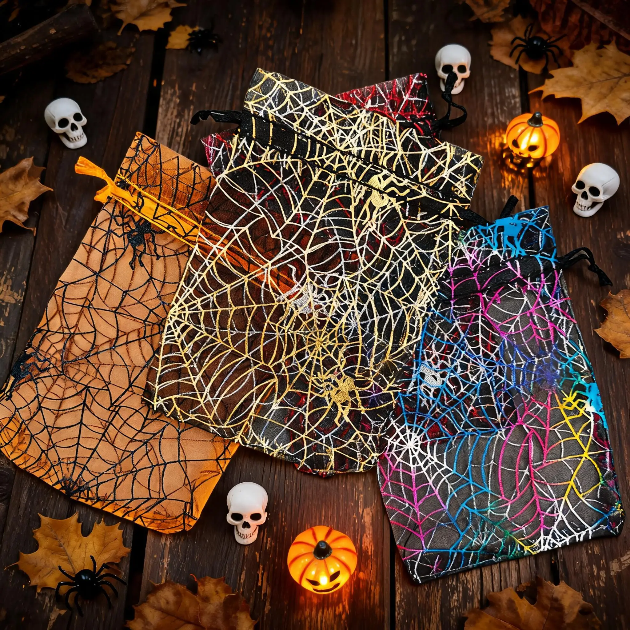 25/50/100pcs 10x15cm Colorful Spider Halloween Organza Gift Bag Web Printing Packaging Gift High Quality Drawstring Candy Bag view 5