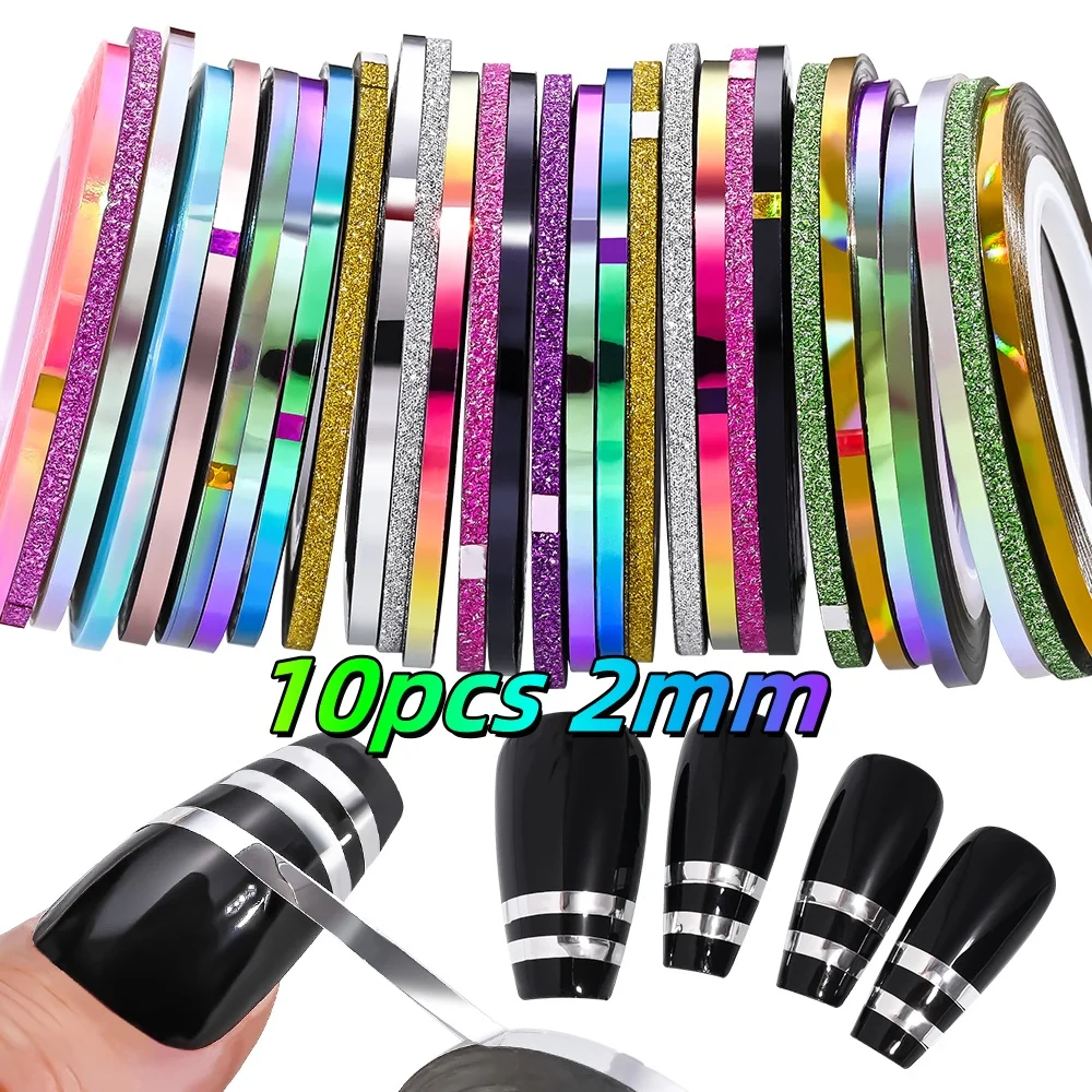 10 pezzi di nastro a strisce adesivi per unghie oro argento multicolore colori misti rotoli decorazione per unghie sirena glitter manicure fai da te * &