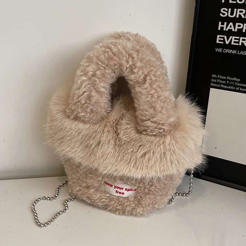 

Khaki Coffee Handbag Quality Faux Fur Evening Clutch Bag For Women 2025 New Soft Fluffy Plush Crossbody Bag Small Bucket Bolsos