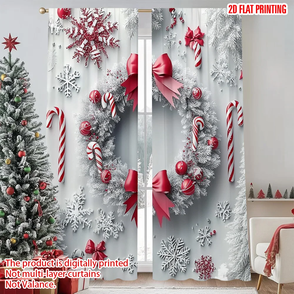 

2pcs 2D flat printing Christmas Window Drapes Christmas wreath Machine Washable Polyester Without Electricity Spring Party &