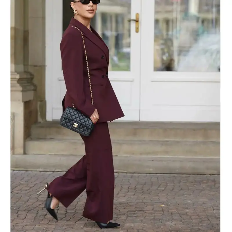 Autumn Winter New Arrival Women's Double Breasted Red Suit Jaet High Waist Wide Leg Casual Pants Career Women's Outfit