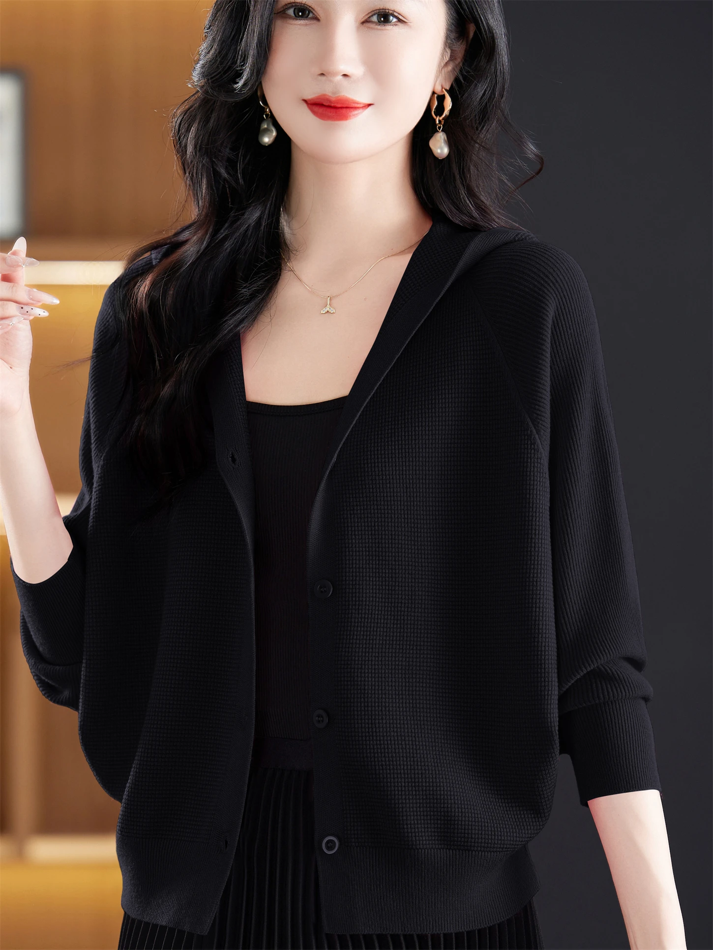 

Spring Autumn Knitted Cardigan Light Loose Batwing Sve Hooded Sweater Coat for Middle-Aged And ly Faion Casual Wear