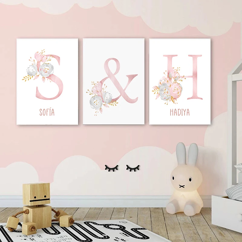 Safari Animals In Pink Flowers Kids Name Customized Nursery Wall Art Posters and Print for Girls\' Bedroom Decor Baby Shower Gift