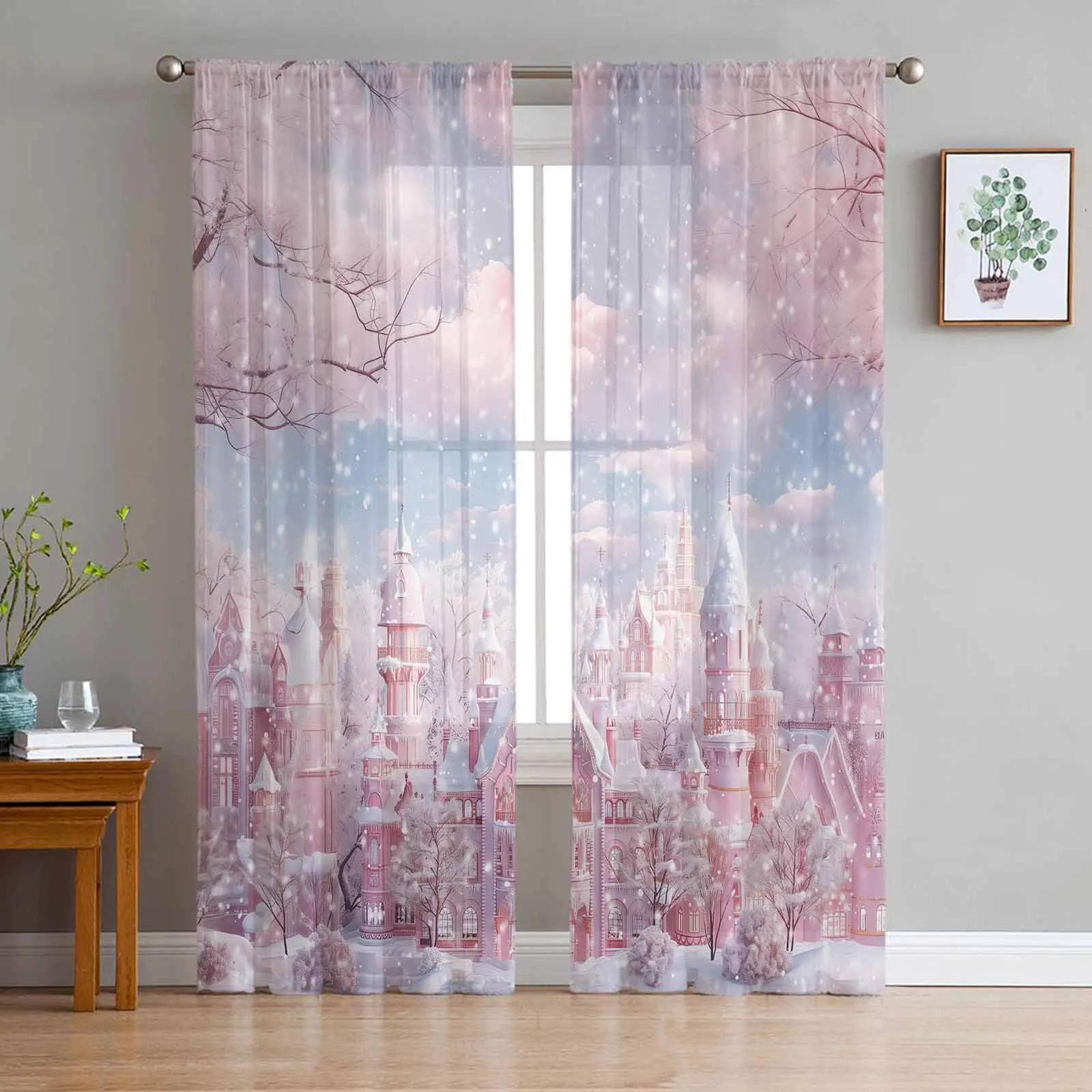 Christmas Snow Scene Pink Curtains Decorations For Home Window Tulle Curtains For Living Room Bedroom