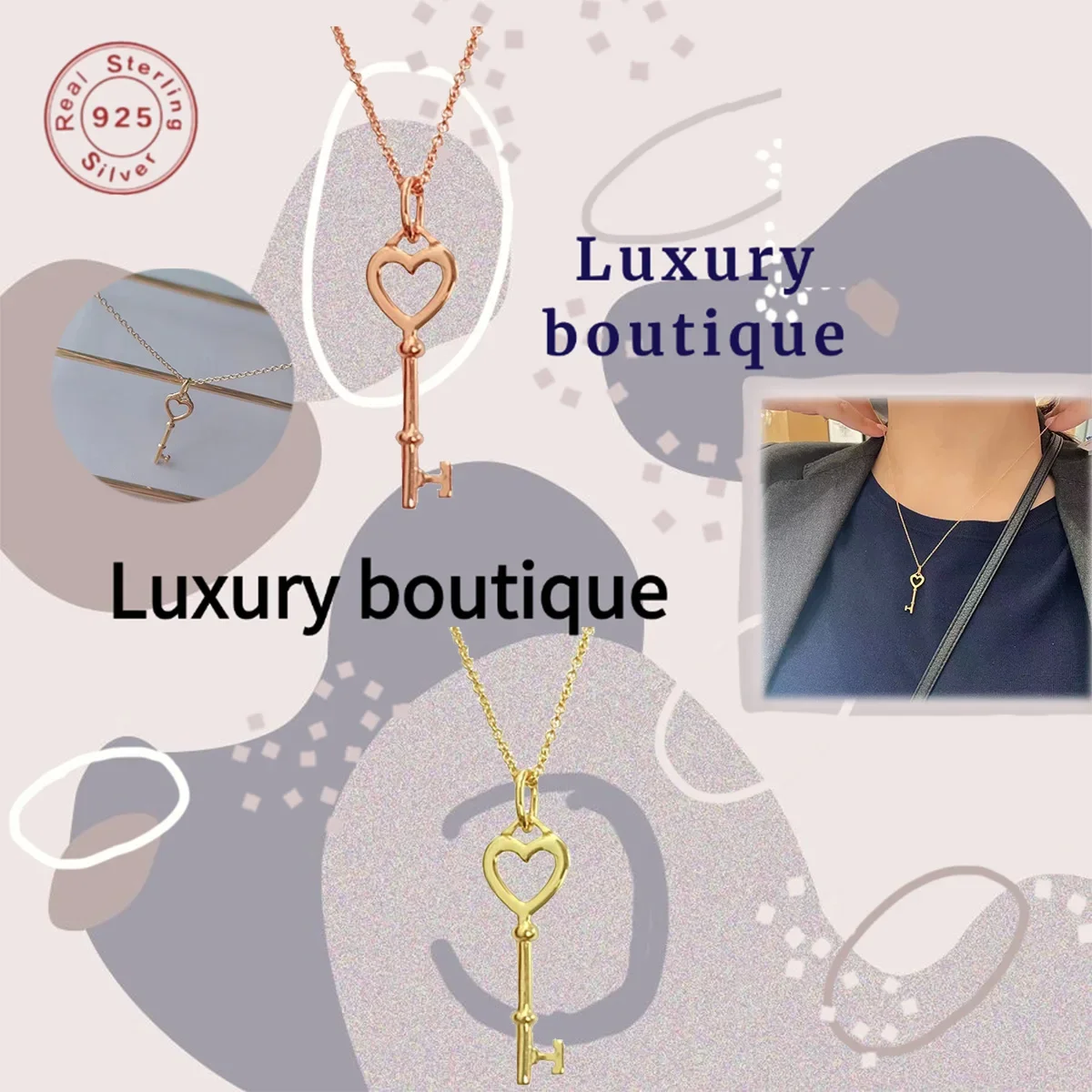

Pure silver S925 necklace with heart-shaped hollow key design for women's noble luxury couple festival limited gift