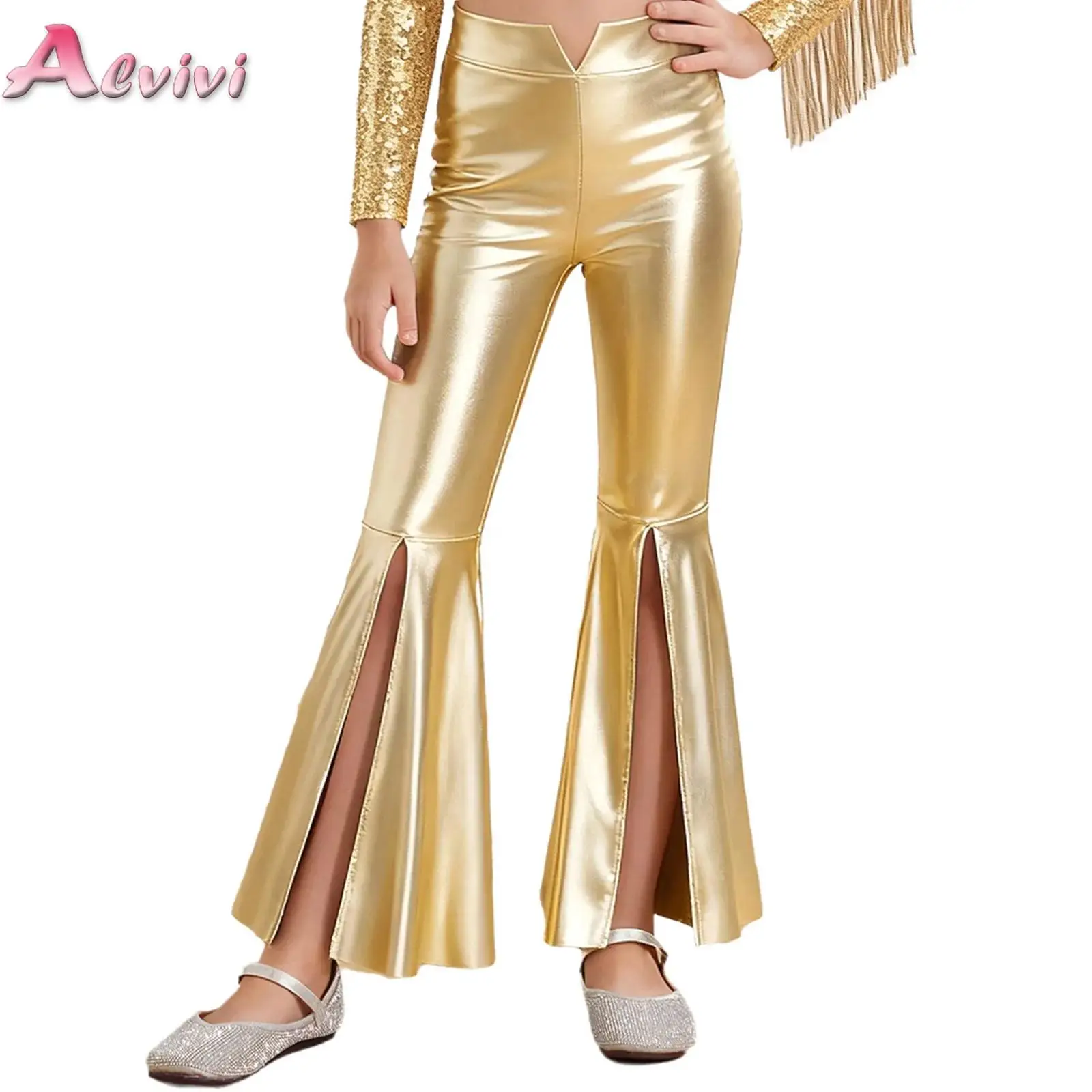 

Girls Shiny Flare Trousers Metallic Bell Bottoms Ruffle Wide Leg Pants Retro 70s Retro Disco Hippie Costume Stage Prom Trousers
