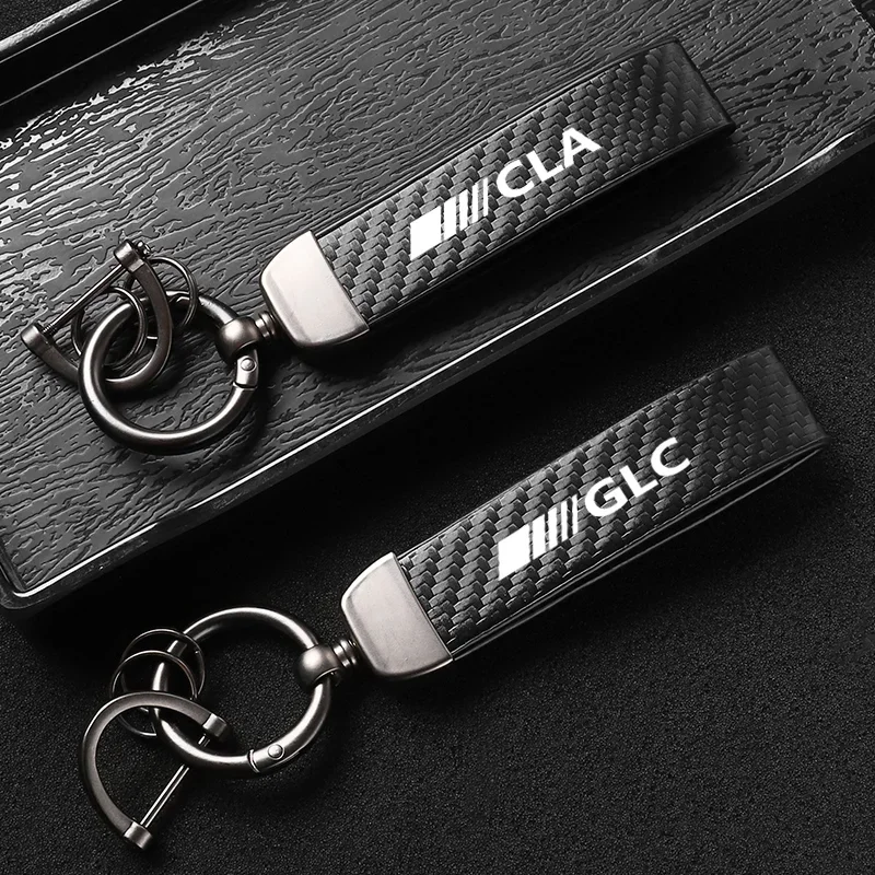 High-Grade Leather Carbon Fible Car KeyChain Rotating Horseshoe Key Rings For Mercedes Benz A C E CLA CLS GLA GLB GLC GLE GLS