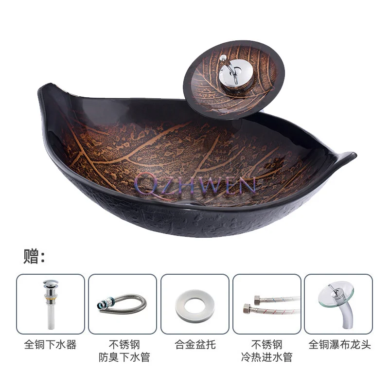 BW09-178 البني بالوعة الحمام ورقة شكل الزجاج مغسلة فندق الرجعية الديكور كونترتوب الفن حوض المنزل خزانة حمام بالوعة #1