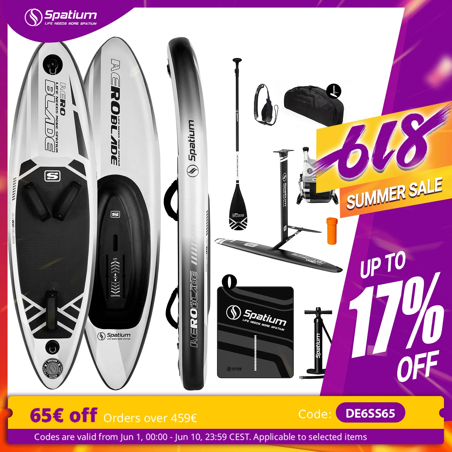 Spatium Inflatable Downwind Board Unpowered Versatile Inflatable SUP 112L/124L/135L/150L Water Sports Board with Paddle and Foil