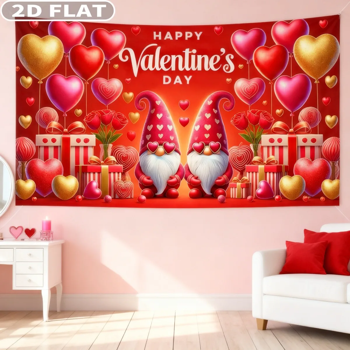 

1pc Valentines Day Party Banner Backdrop, 71x43 Inch Happy Valentine's Day Party Decor Polyester Love Heart Romantic Gnomes