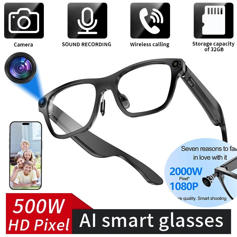 

New AI Smart Camera Glasses Bluetooth Glasses 1080P Video Call Music Waterproof Voice Assistant WIFI Smart Glasses for Women Men
