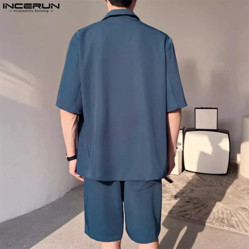 INCERUN 2024 Men Sets Solid Color Summer Lapel Short Sleeve Blazer & Shorts Two Pieces Sets Streetwear Men\'s Casual Suits S-5XL