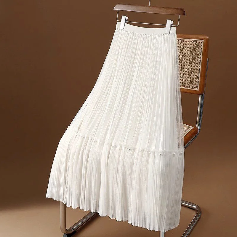 Temperament Splicing Mesh A-line Skirt for Women in Early Spring 2024 New High Waisted Large Hem Pleated Skirt