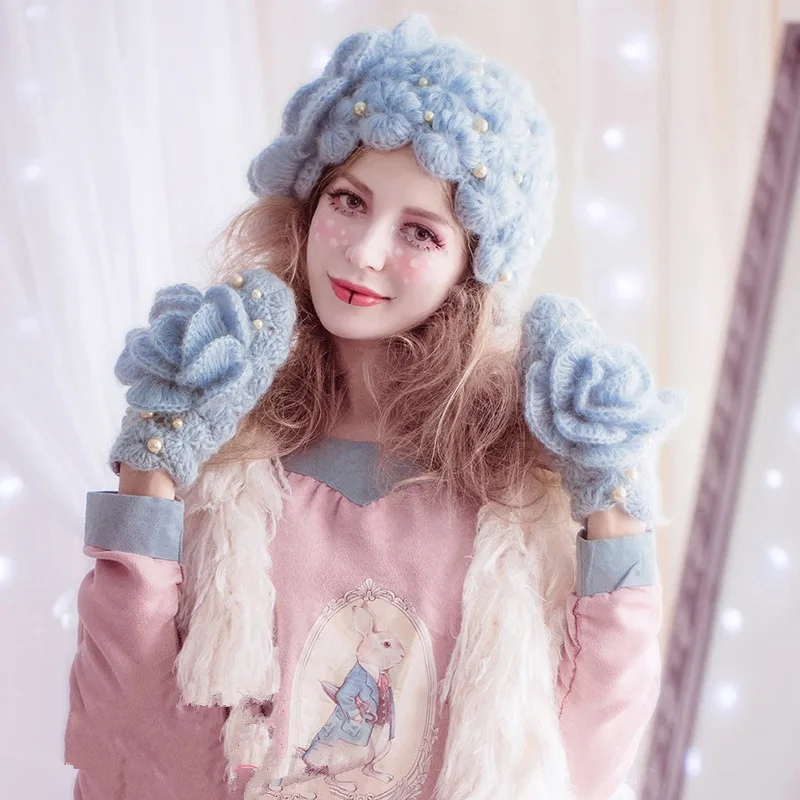 Parent-child Hand-knitted Woolen Hat Three-dimensional Blue Pearl Flower Knitted Hat Lady's Winter Fairy Beret Beret Kids Hat