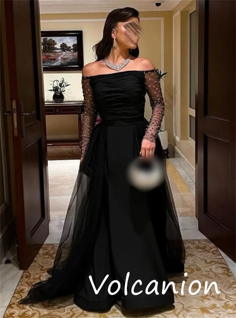 カスタマイズされたスパークルシンプルなネットスパンコールプリーツAラインオフショルダーロングドレスオーダーメイドの機会高品質