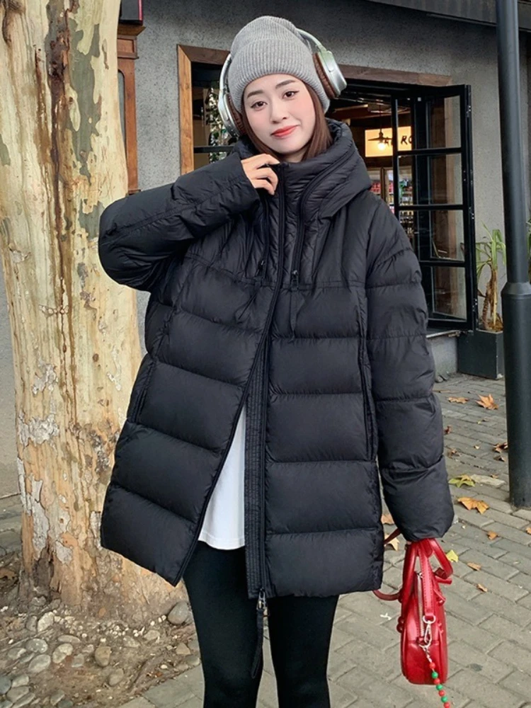 Koreańska luźna kurtka puchowa damska średniej długości, zimowa, modna, codzienna, z kapturem, gruba, ciepła parka, jednolity kolor, 90% biały puch kaczy, płaszcz puchowy.