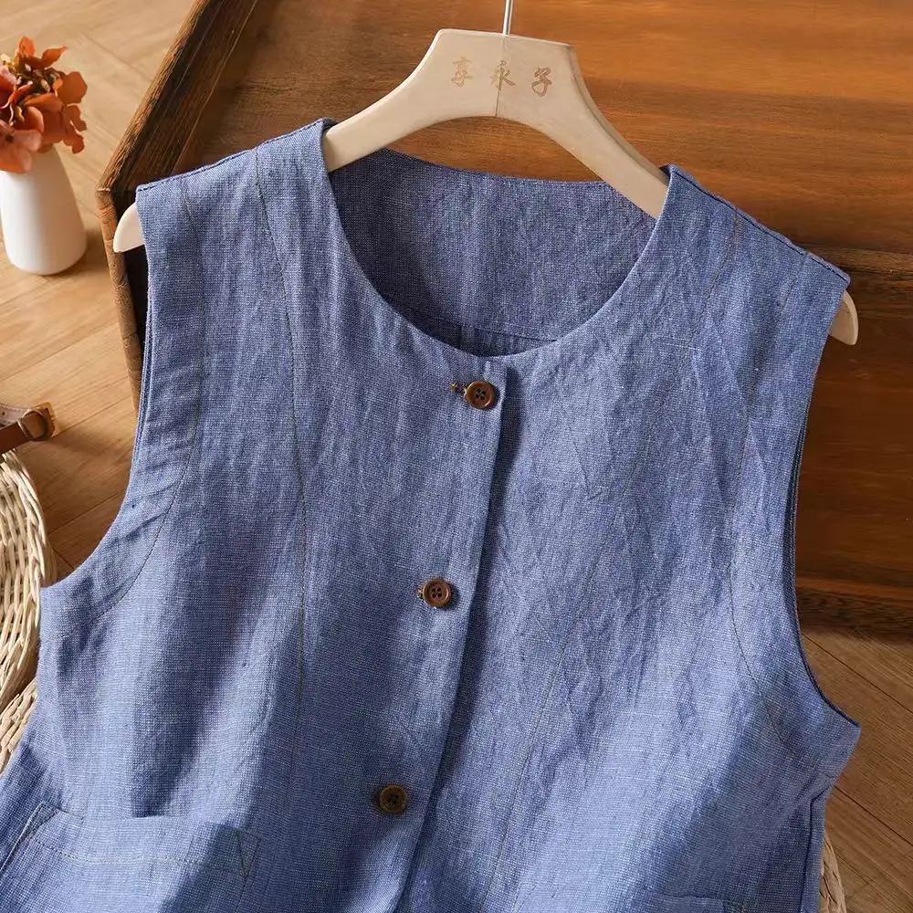 Damska luźna wyszczuplająca prosta bluzka typu top, pasująca do stylizacji artystycznej w stylu retro, na wiosnę i lato, z cienkiego materiału, z okrągłym dekoltem i guzikami...