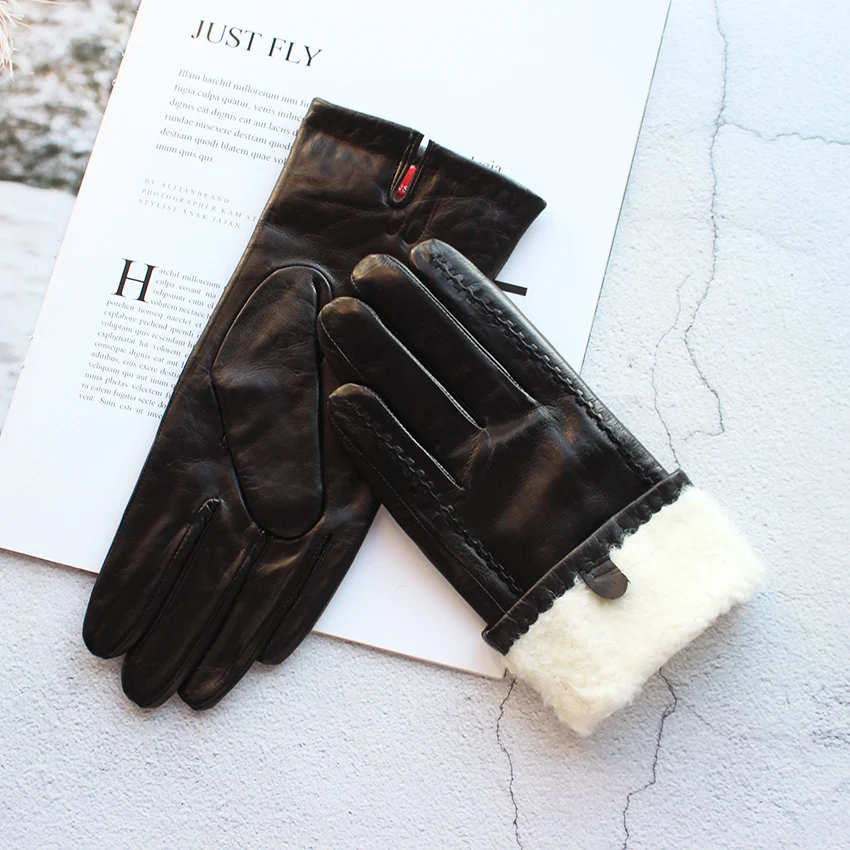 Winter Thickened Sheepskin Gloves Women's Lamb Fur Lining Leather Cold and Warm Keeping Fashion Driving Motorcycle Riding Gloves