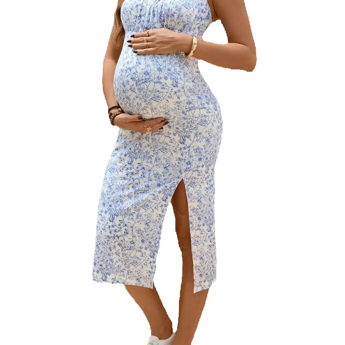 Youth Maternity Women Floral Sleeveless Dress Summer Pregnant Strap Split Hem Slim Fit Party Dresses Casual Pregnancy Clothing