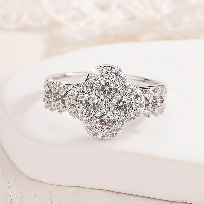 Fine Jewelry Four-Leaf 18k White Gold Plated Diamond Ring For Women S925 Sterling Silver Engagement Wedding Jewelry Gift