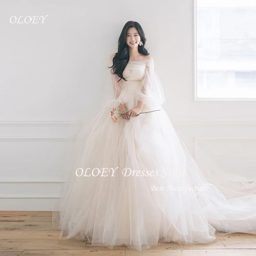 

OLOEY Simple Korea Wedding Dresses A Line Bride Gown Long Sleeve Corset Backless Bridal Party Gown Customized 웨딩드레스