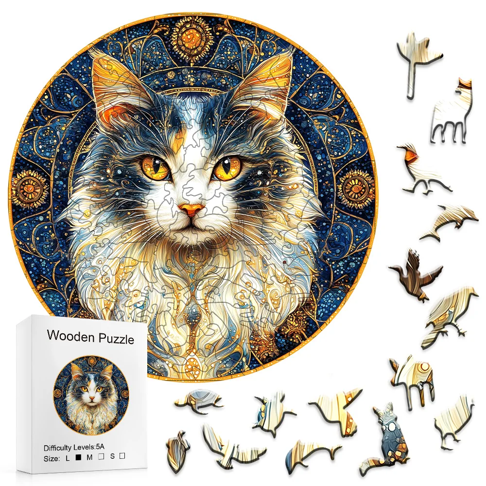 Round Vintage Mandala Cat Wooden Puzzle, Luxe Golden Pattern Background, Whimsical Pieces, Ideal For Home Decor & Birthday Gift
