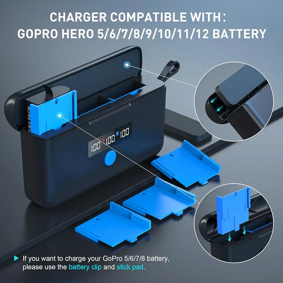 GoPro Battery Charger for GoPro Hero 12/11/10/9 Black for Gopro 12 11 10 9 and GoPro 8 7 6 5 Batteries Action Camera Accessories