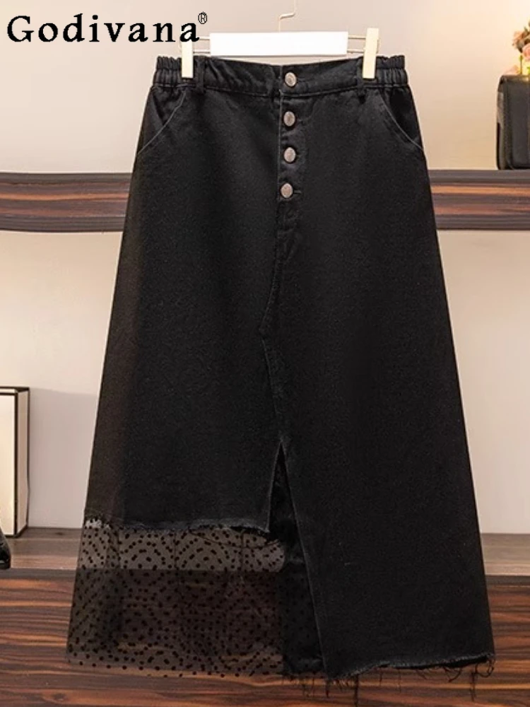 

Large Size Spring Summer Autumn High Waist Korean Girl Black Denim Skirt new Versatile Gauze Splicing Loose Age-reducing Skirts