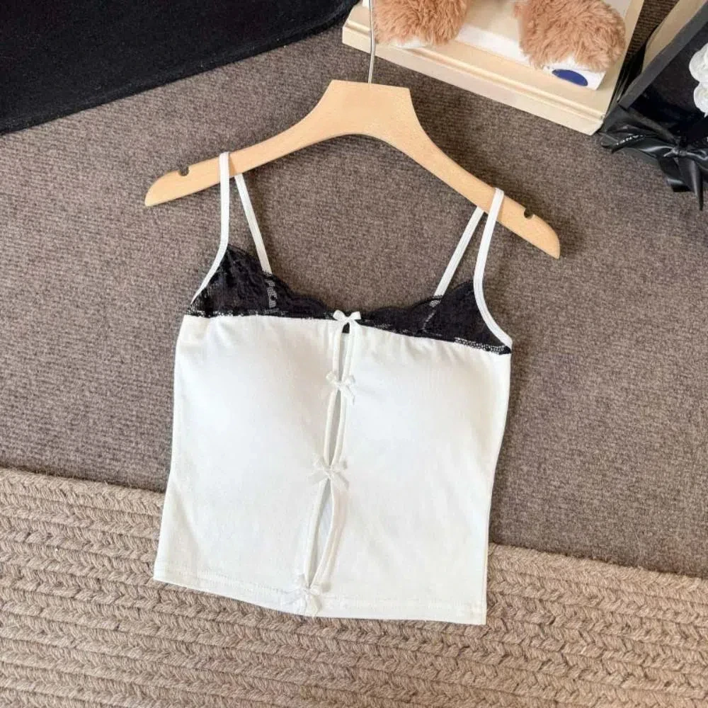 

Fashion Bowknot Lace Bow Camisole Sleeveless Undershirt Sweet Girl's Vest Top Hollow Camisole with Pads Streetwear