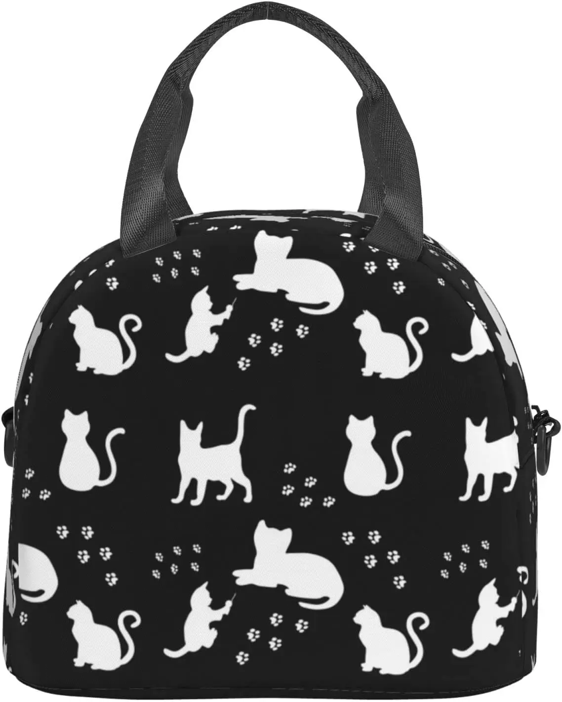 Cute Cats White Silhouette Lunch Bag Animal Paws Reusable Insulated Lunch Tote Bag With Adjustable Shoulder Strap For Work