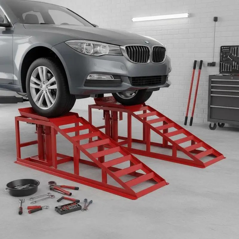 Ensemble de rampes de levage 2 pièces 115x32x31cm en acier rouge, capacité de charge jusqu'à 2 tonnes, hauteur de levage max 37,5cm, verrouillable, pour atelier, garage, entretien de véhicules, haut de gamme, choix populaire, référence du marché
