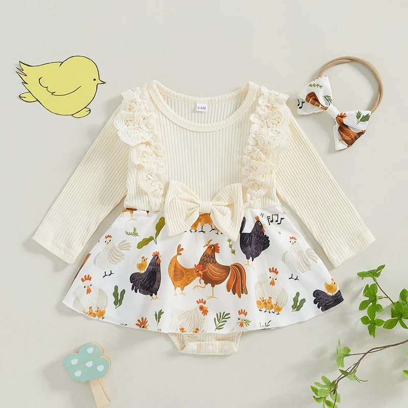 

Suefunskry Baby Girls Spring Fall Romper Dress Long Sleeve O-Neck Chicken Print Romper with Headband Cute 2Pcs Outfits