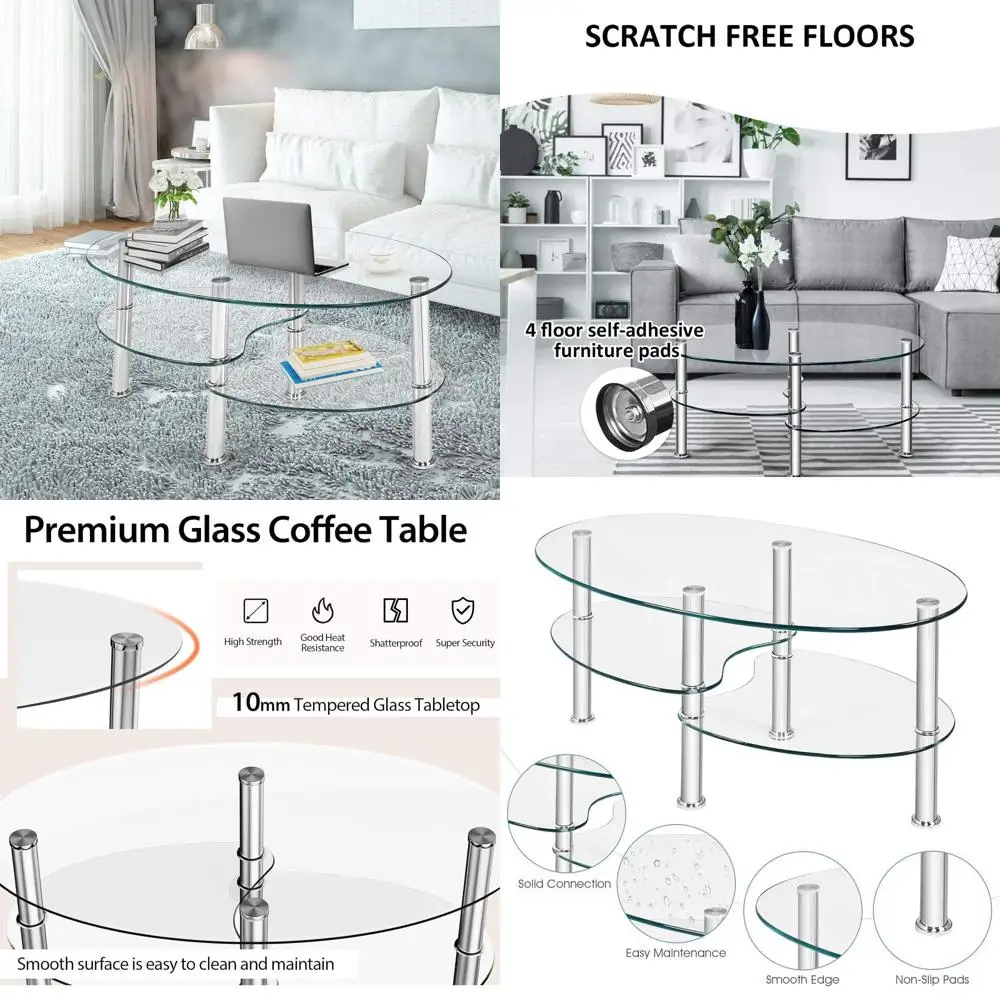 

Contemporary 3-Tier Oval Glass Coffee Table with Open Storage Shelf for Living Room and Office Use