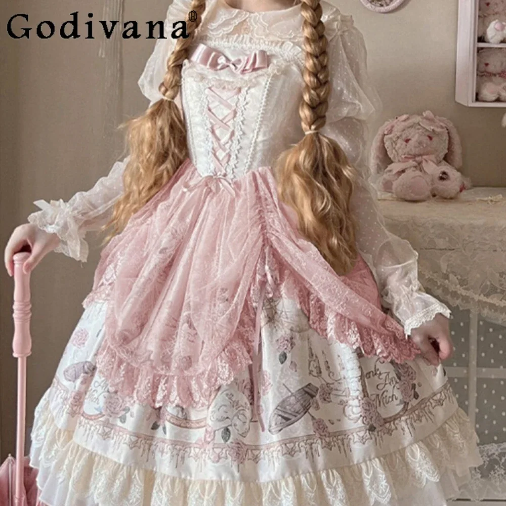 

Lolita Pink Elegant Vintage Summer Dress Jsk Crew Neck Lace Kawaii Princess Robe Black Women Clothing Dresses