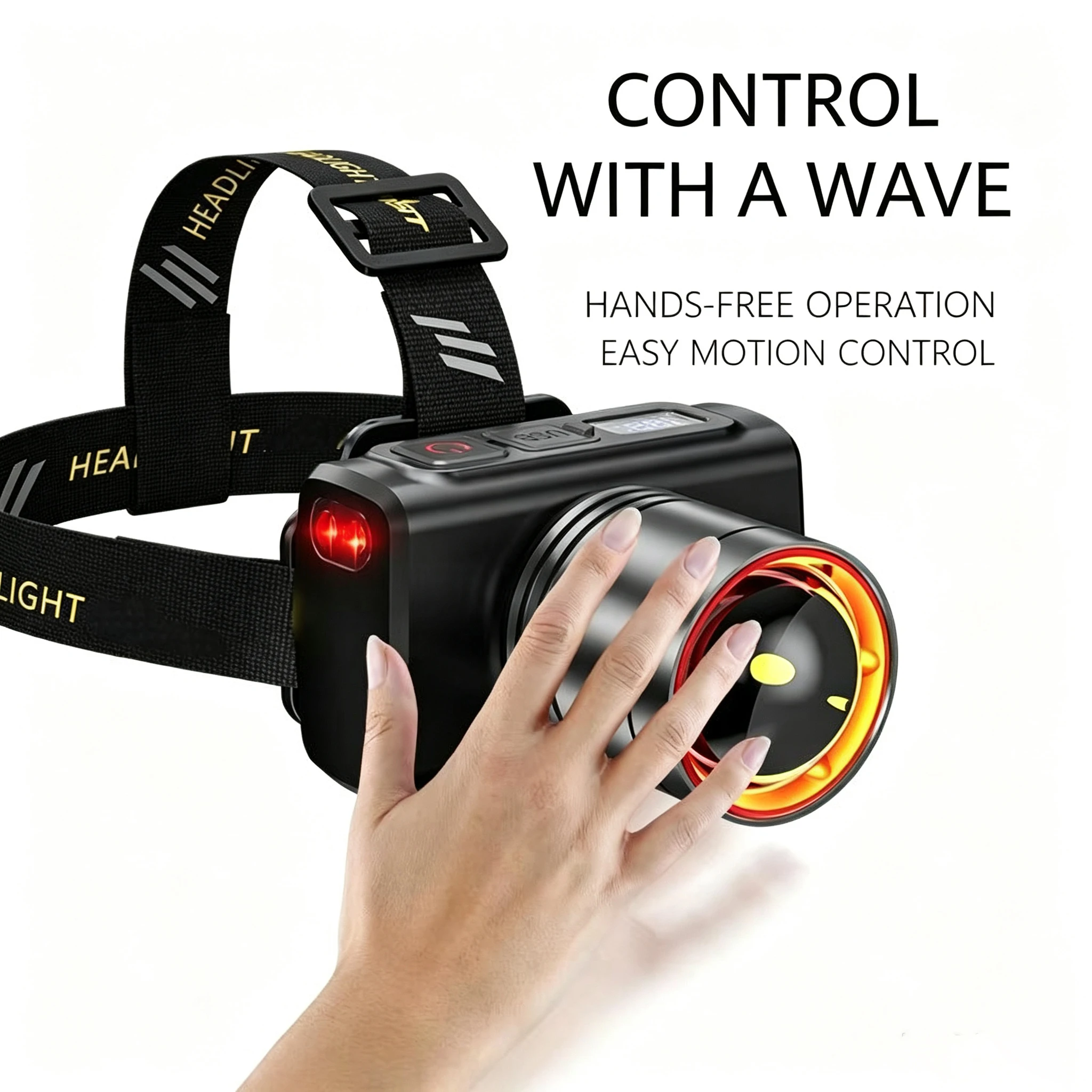Motion Sensor Zoomable Headlamp USB Rechargeable LED Head Light with Digital Power Display 3 Modes for Camping Fishing