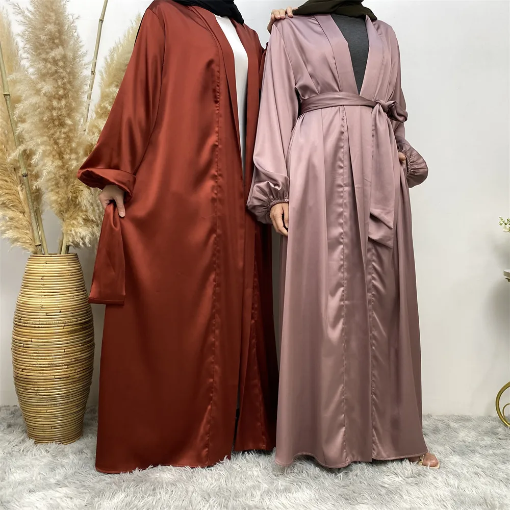 Turkey Abaya Open Muslim Women Satin Cardigan Maxi Dress Eid Ramadan Kaftan Islamic Kimono Robe Dubai Arabic Femme Musulmane