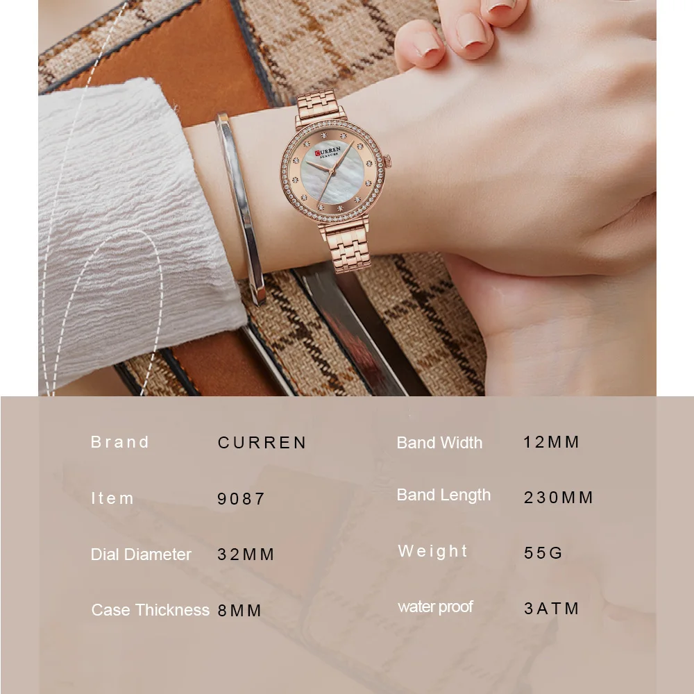 CURREN 9087 Luxury Slim Women's Watch Two Tone Stainless Steel Band Mother of Pearl Dial with Rhinestones Elegant Quartz Watch