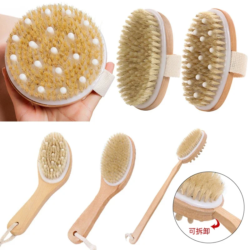 Wooden Detachable Long Handle Shower Body Brush Bathing Massage Back Body Exfoliating Brushes Bathroom Wash Brush Bath Tools 1Pc