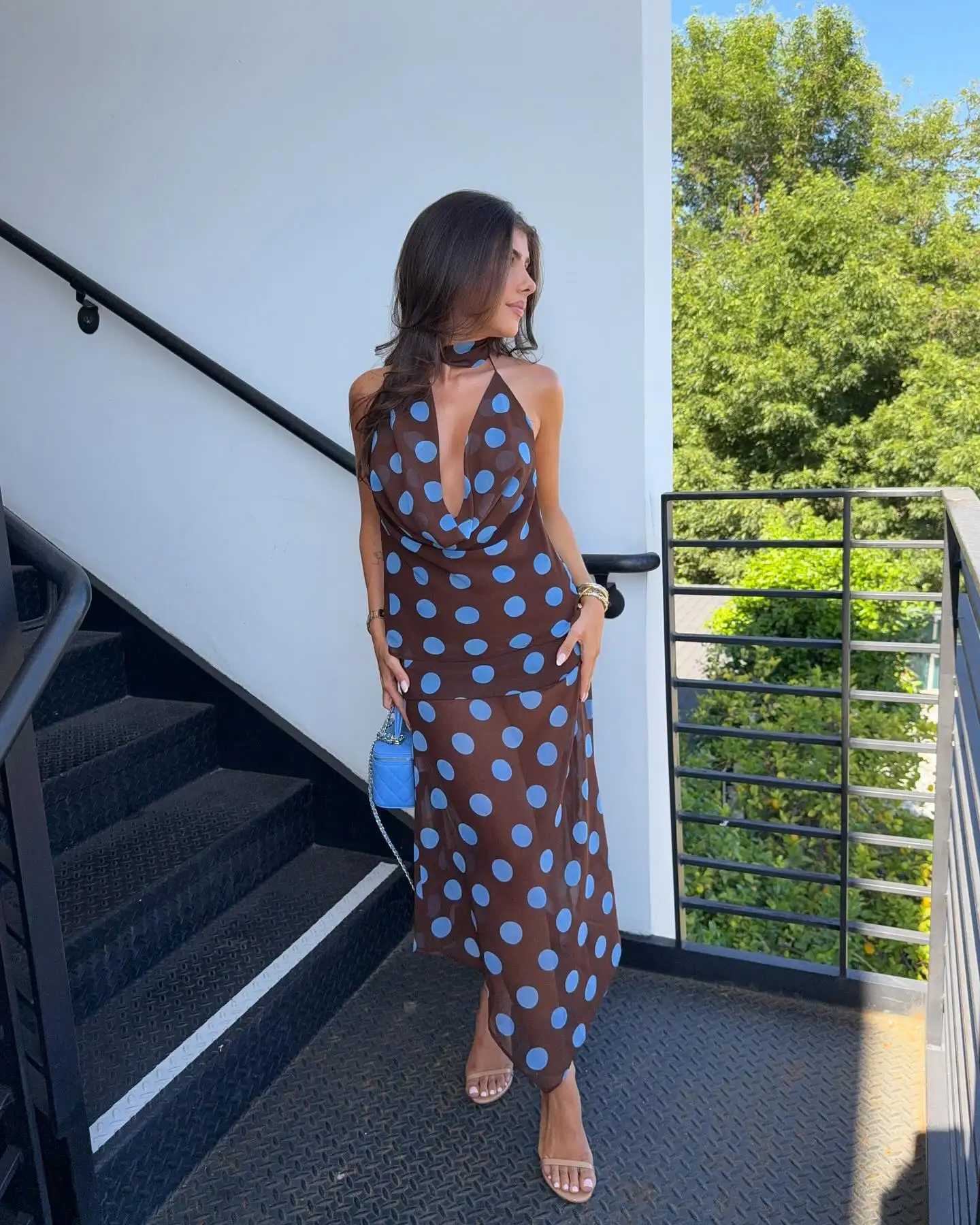 

HH Women Summer Vintage Polka Dots Suit Sleeveless With Scarf Halter Neck Backless Top+High Waist Asymmetric Y2K Sexy Skirt