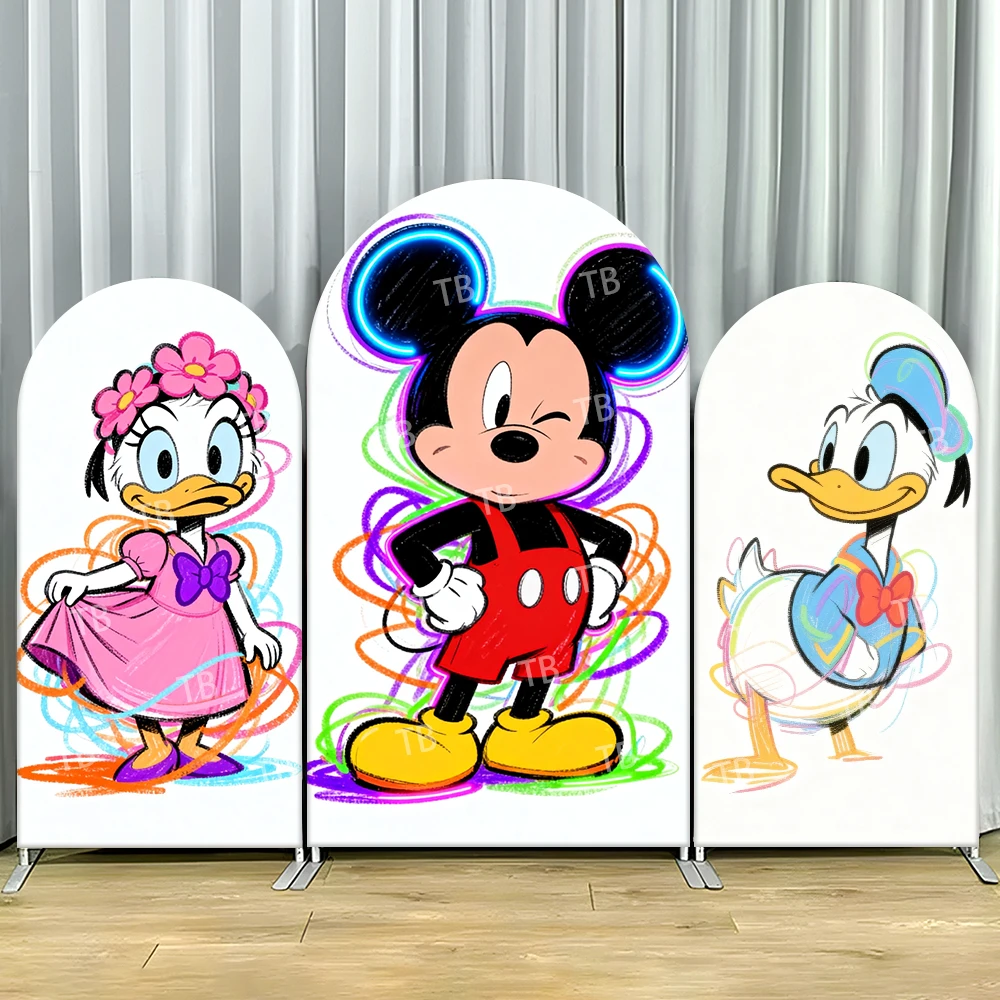 

Mickey Daisy Donald Neon Doodle Arch Backdrop Cover Scene For Kids Birthday Party Vibrant Cartoon Theme Photo Booth Decor Prop