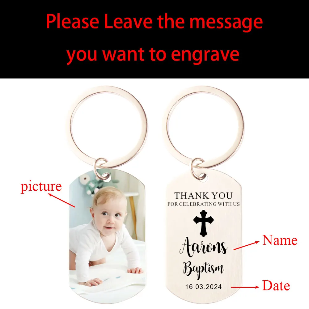 Personalized Baptism Photo Key Chain Brushed Stainless Steel Keychain First Communion Favors Custom Baptism Picture Gift