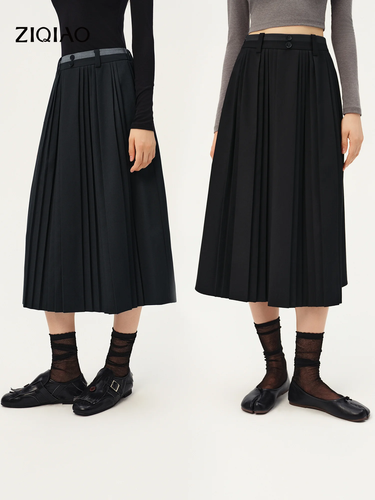 ZIQIAO 2026 Autumn Women's Preppy Double Waistband Pleated A-Line Midi Skirt - Chic Classic Versatile for Everyday Wear