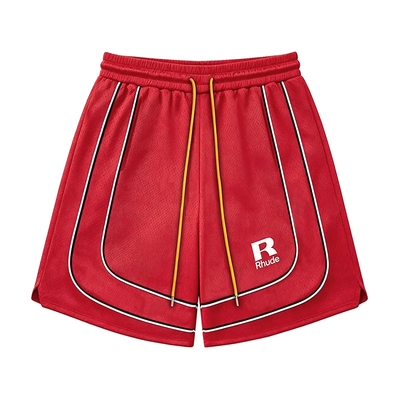 2026 New Arrival RHUDE Men Loose Mesh Shorts R Logo Contrast Piping Drawstring Split Hem Street Basketball Shorts