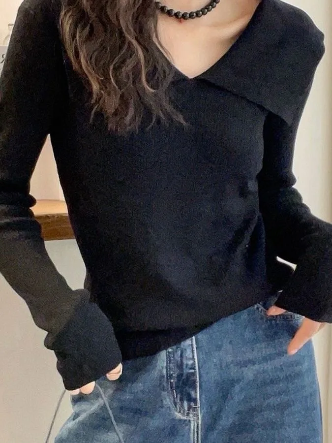 

Retro Red Long Sleeve Knitted Sweater Women's Early Spring New Design Large Collar Slim Short Top V-neck Regular Fit Polyester