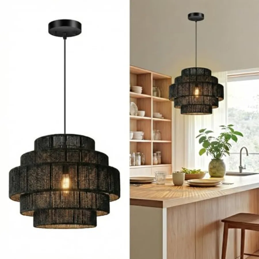 

5-Tier Ratten Pendant Light 13" Paper Rope Hand-Woven Chandelier Adjustable Modern Farmhouse Hanging Ceiling Light Fixture for