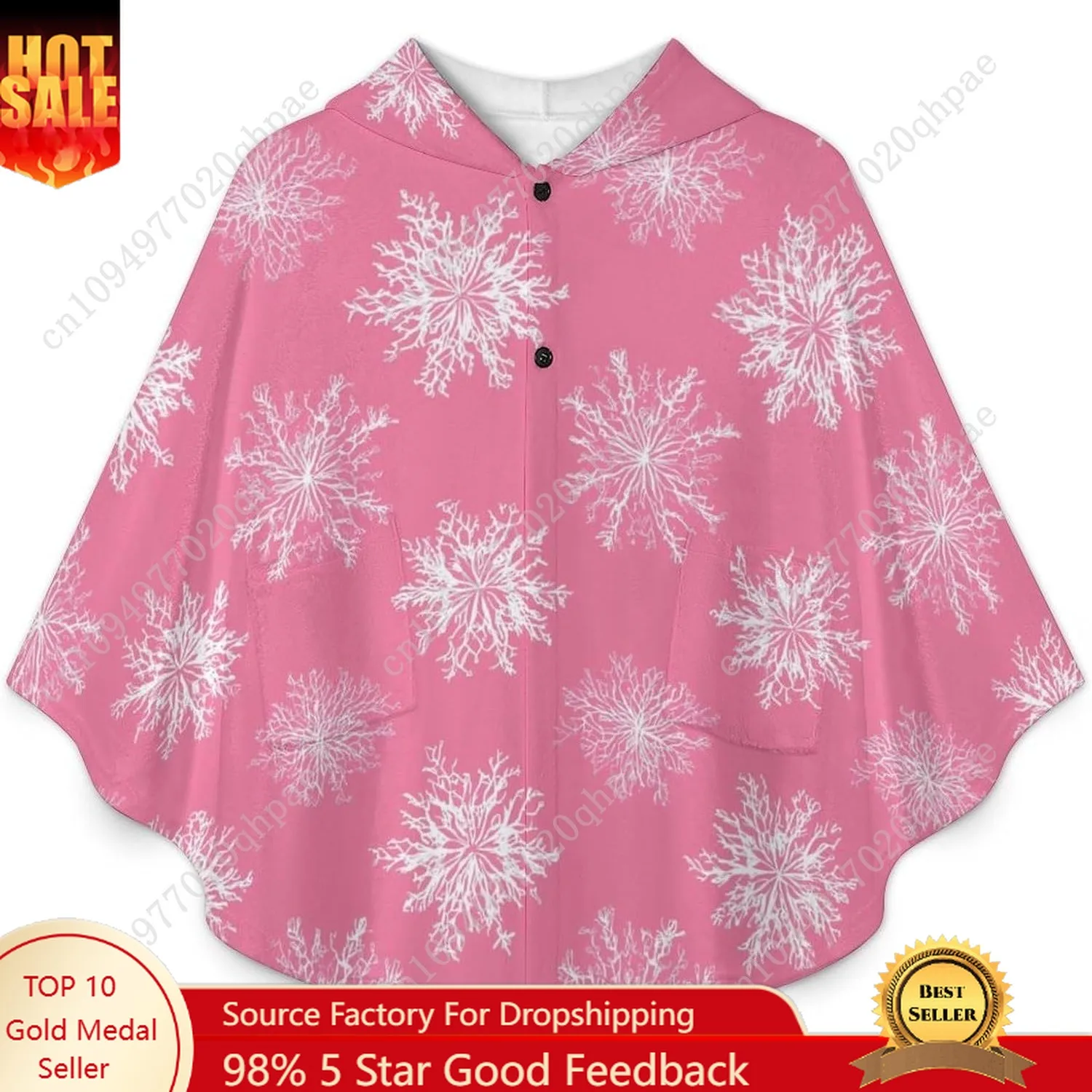 سترة بطانية مريحة من الفلانيل، هوديي كبير الحجم بنمط ندفة الثلج الوردي مع جيوب للأطفال والمراهقين